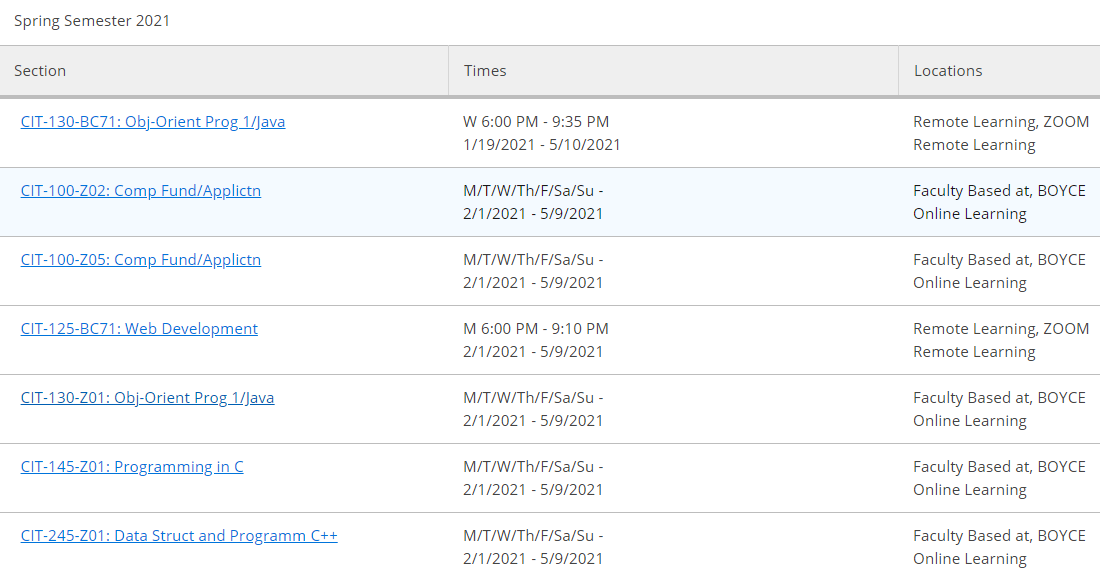 L Moore CCAC Teaching Schedule